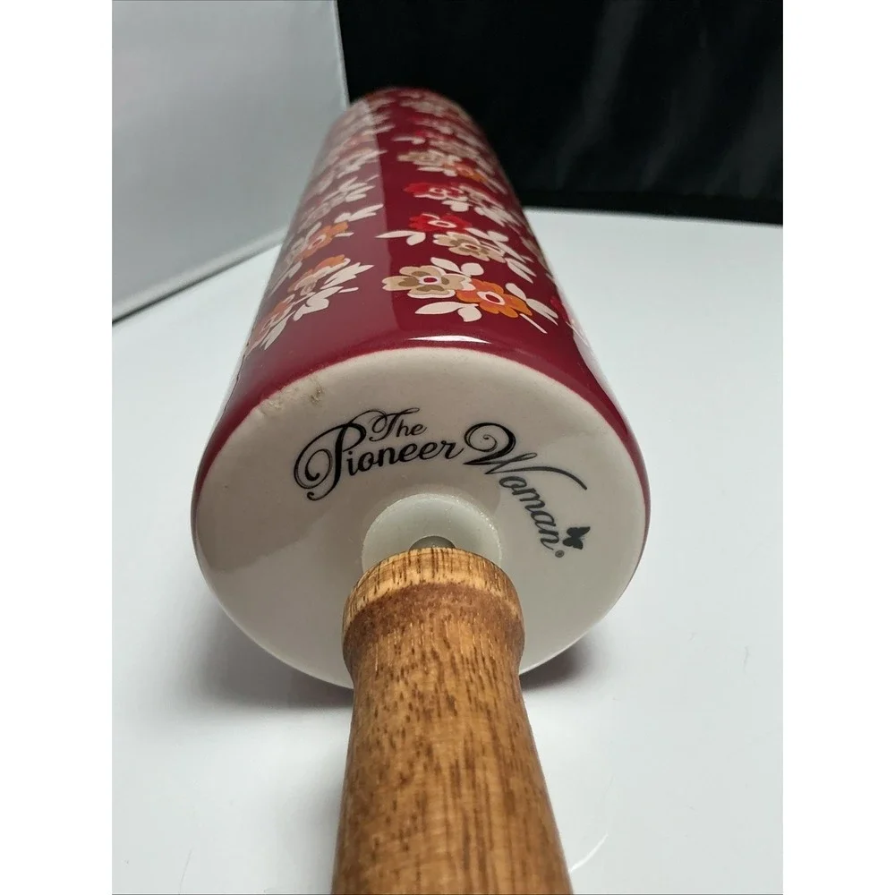 Retired Pioneer Woman Rolling Pin Fall Flowers Burgundy Autumn Harvest Ceramic